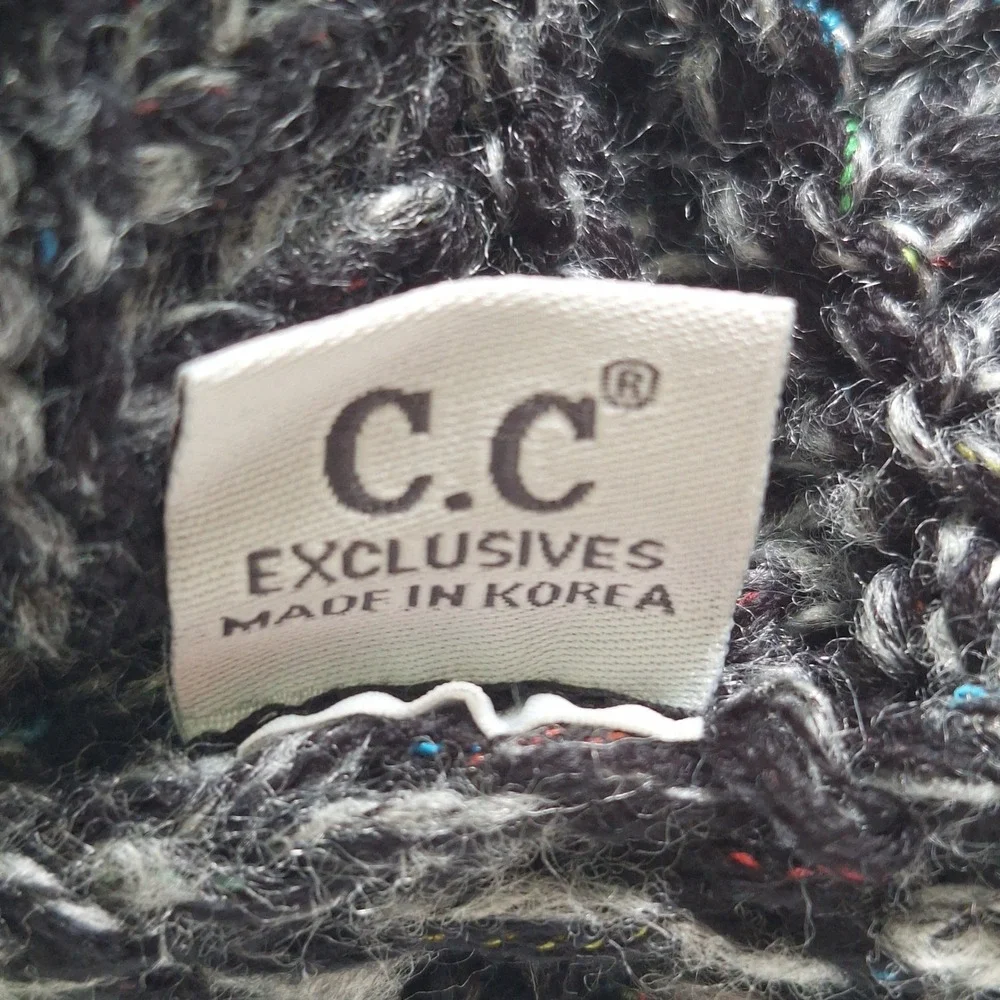 C.C Exclusives Beanie Hat Gray Confetti Knit Pom Pom Winter Cap Chunky Knit
